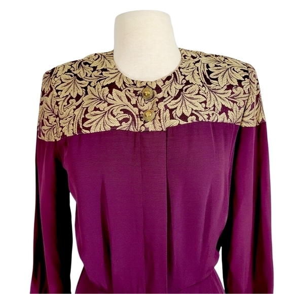 Vintage 80s Alexis Maroon & Gold Brocade Long Sleeved Blouson Dress - Picture 2 of 7